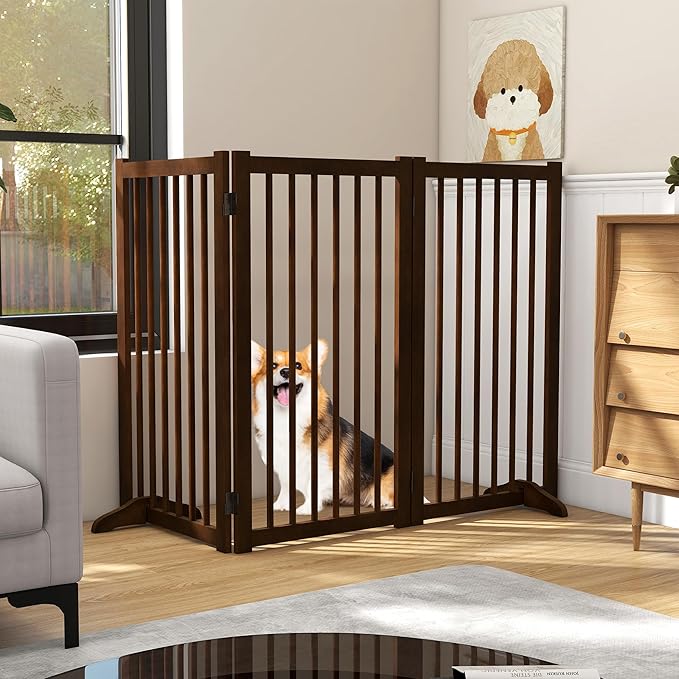 36" H Freestanding Dog Gate, Solid Wood Foldable Pet Gate with Support Feet, Wooden Tall Dog Gate for Doorway, Stairs & Indoor Use, 60" Wide Expandable Pet Fence, 3 Panels, Walnut