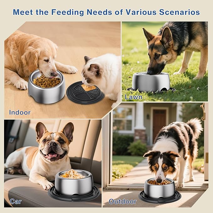 304 Stainless Steel Dog Bowls, Heavy Duty Dog Food Bowl with Extra Strong Non-Slip Mat, Thick Metal Base Water Bowl with Lick Mat for Puppies & Cats, Indoor/Outdoor (8.5 oz)