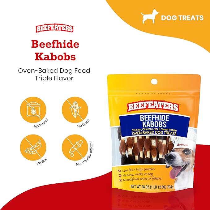 Beefeaters Beefhide Kabobs – Dog Treat. Triple Flavor with Real Chicken, Liver & Sweet Potato, Long-Lasting Chew, Supports Dental Health, Ideal for Training