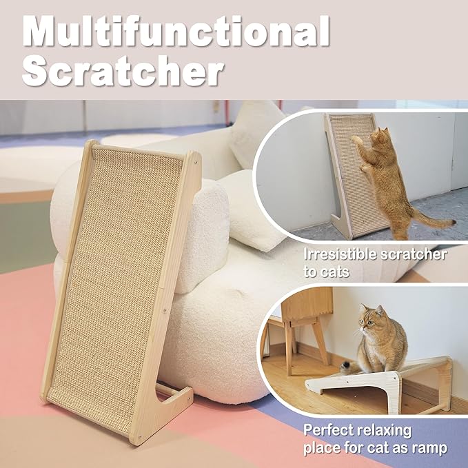 Meeyoview Sisal Cat Scratcher Ramp, 27'' L Shape Scratching Post, Vertical Cat Scratcher for Indoor Cats, Solid Wooden Scratch Pad, Furniture Protector with Catnip