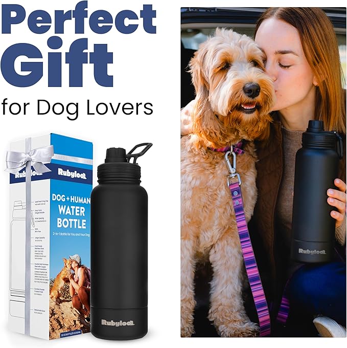 Dog Water Bottle for Dog Lovers - 32 oz Stainless Steel Double Wall Insulated Water Bottle with 8 oz Detachable Bowl on Bottom - Gift for Doggy Mom & Dad for Hiking, Walks, Travel - Black
