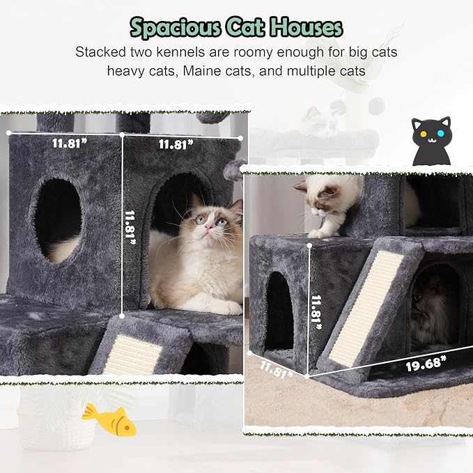 Cat Tree for Indoor Cats Large Adult, Heavy Duty Cat Tower for Big Cats, Cat Tree House with Self Groomer Brush, Big Padded Top Perch, Scratching Post, Hammock, Smoky Gray GCT012G