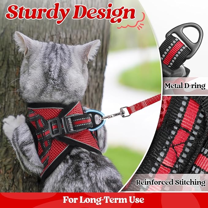rabbitgoo Cat Harness and Leash Set for Walking Escape Proof, Adjustable Soft Kittens Vest with Reflective Strip for Cats, Comfortable Outdoor Vest, Red, M