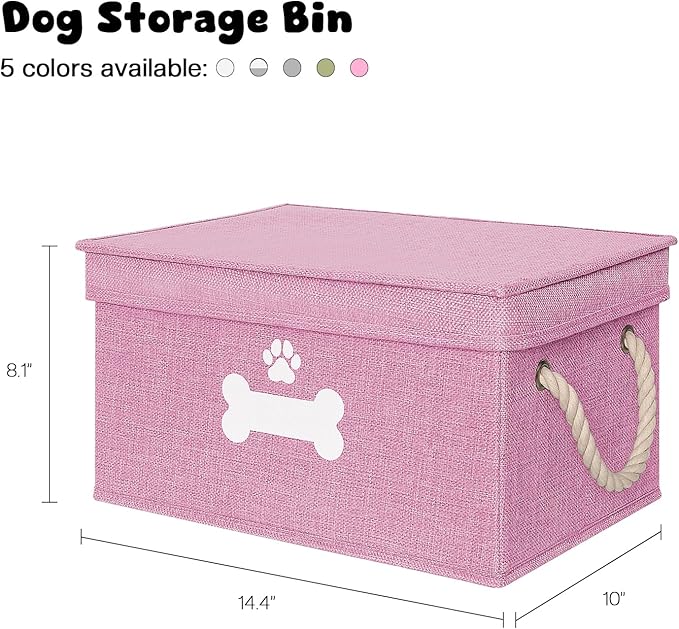 Dog Toy Basket with Lid, Dog Basket for Toys, Dog Toy Box with Cotton Rope Handles, Collapsible Storage Bins for Dog Toys, Dog Storage Organizer, Pink