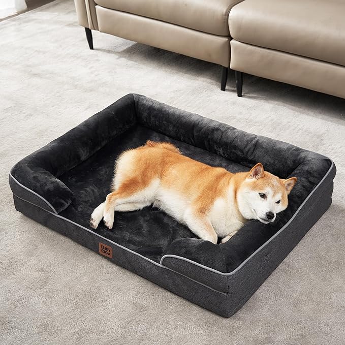 EHEYCIGA Orthopedic Dog Beds for Large Dogs, Waterproof Memory Foam Large Pet Bed with Sides, Non-Slip Bottom and Egg-Crate Foam Dog Couch Bed with Washable Removable Cover, Dark Grey