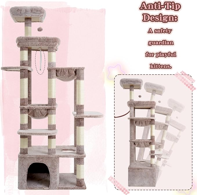 Heybly Heavy Duty Cat Tree, 71-Inch Tall Tower for Large Maine Coon with Extra-Large Baseboard, Cat Condo Furniture with Multi-Level Platforms, 2 Hammocks and 12 Scratching Posts, Muchroom HCT037MU