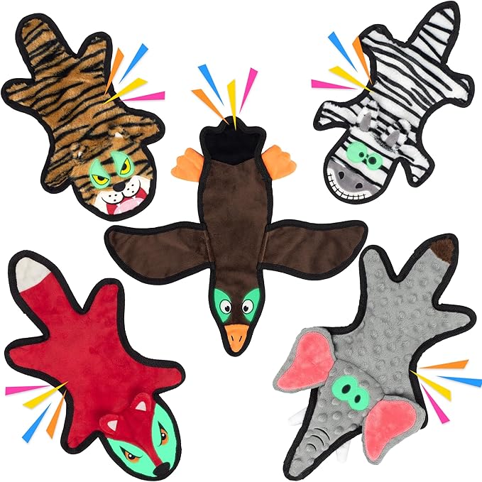 No Stuffing Dog Squeaky Toys, Glowing Eyes Crinkle Plush Puppy Toys for Teething Chewing, 5pcs Flat Tough Dog Toys Set for Large Medium Small Dogs to Keep Them Busy