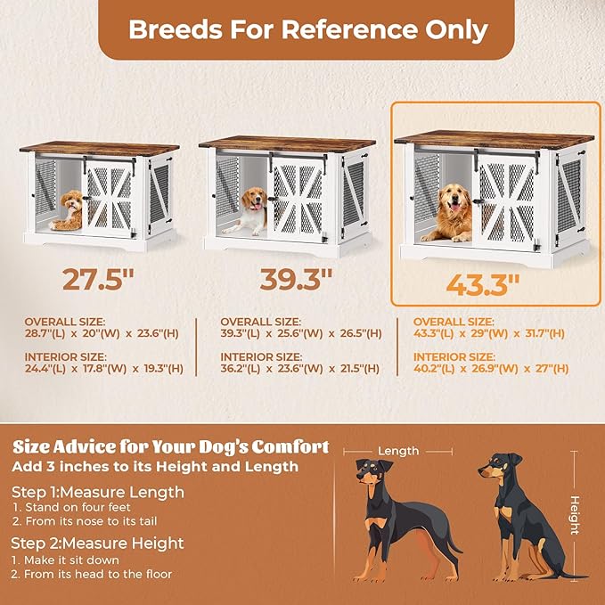 VOPEAK 43.3" XL Dog Crate Furniture, Chew Resistant Dog Crate for Medium Large Dogs, Heavy Duty Extra Large Dog Crate Dog Kennel Indoor with Double Doors, Wooden End Table for Living Room, White