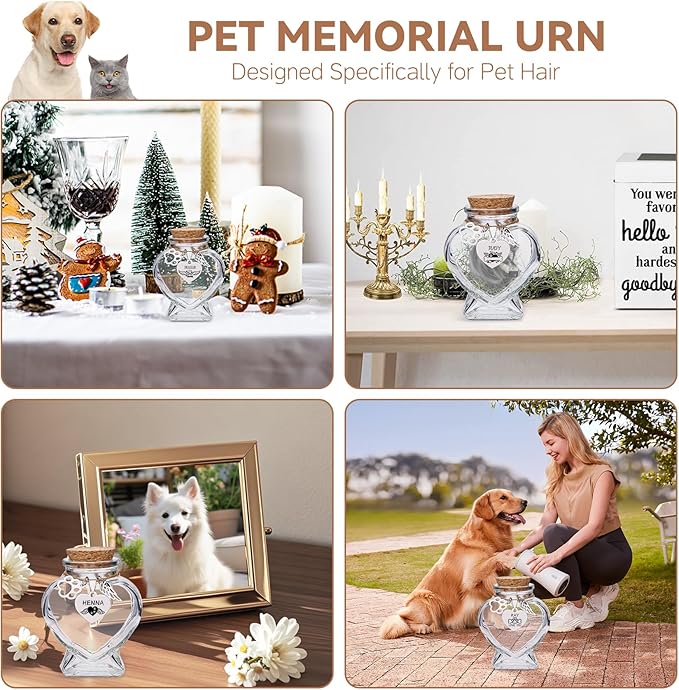 Personalized Pet Memorial Bottle,Engraved Heart Glass Urn for Dog & Cat Ashes/Fur, Custom Pet Name & Paw Print Keepsake, Pet Loss Memorial Gift for Pet Hair Memorial Keepsake