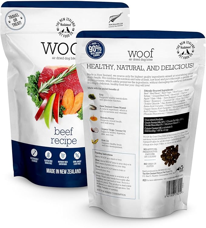Woof - Air Dried Dog Food, Toppers for Dry Food, High Protein, Natural Dog Food, Limited Ingredient Recipe Dry, Beef, 3.5 oz