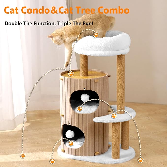 Modern Cat Tree for Indoor Cats, 36in H Cat Condo Tower with Scratching Posts, Cozy Cat Bed Cave, Washable Cushions, Dangling Balls, Play & Nap Structure for All Breeds of Cats, Brown & White