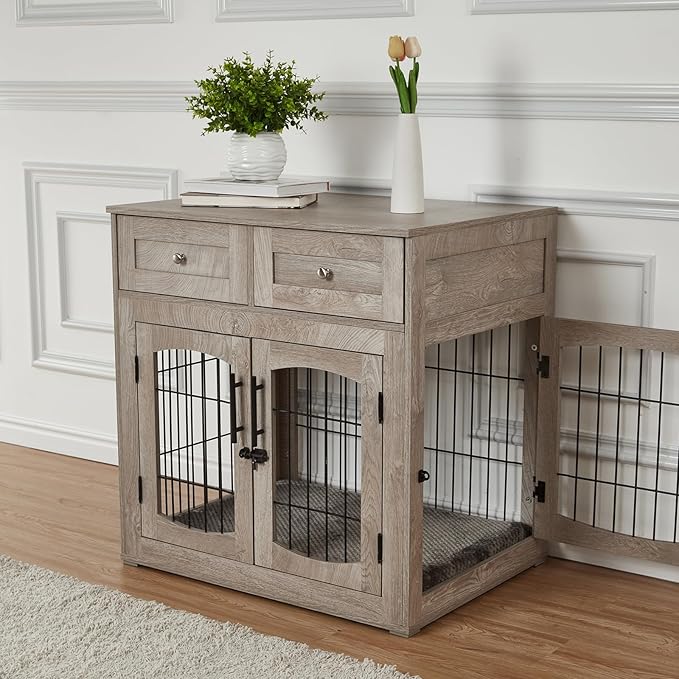 Dog Crate Furniture for Large Dogs, Wooden Dog Kennel Indoor with Double Doors, Dog Cage with Cushion & Drawers, Dog House Side End Table for Large Medium Dogs up to 70 lb, 39.4” L, Grey