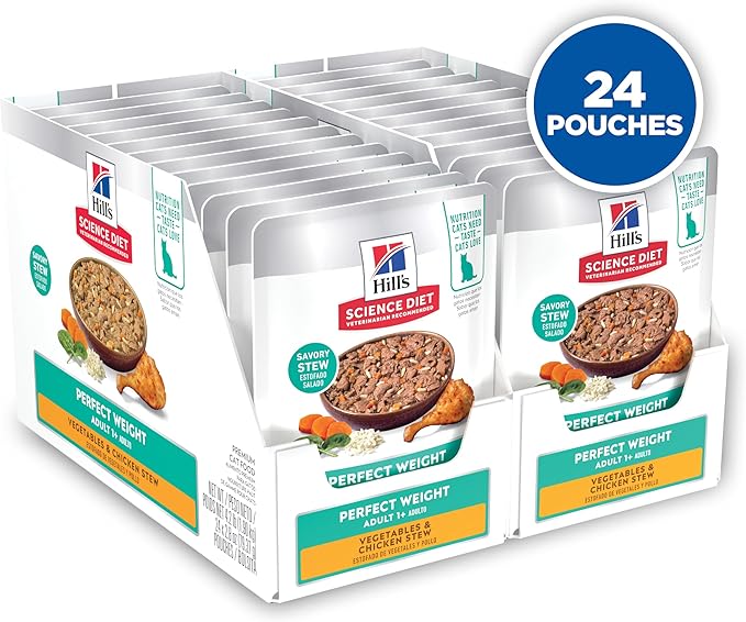 Hill's Science Diet Perfect Weight, Adult 1-6, Weight Management Support, Wet Cat Food, Chicken & Vegetables Stew, 2.8 oz Pouch, Case of 24