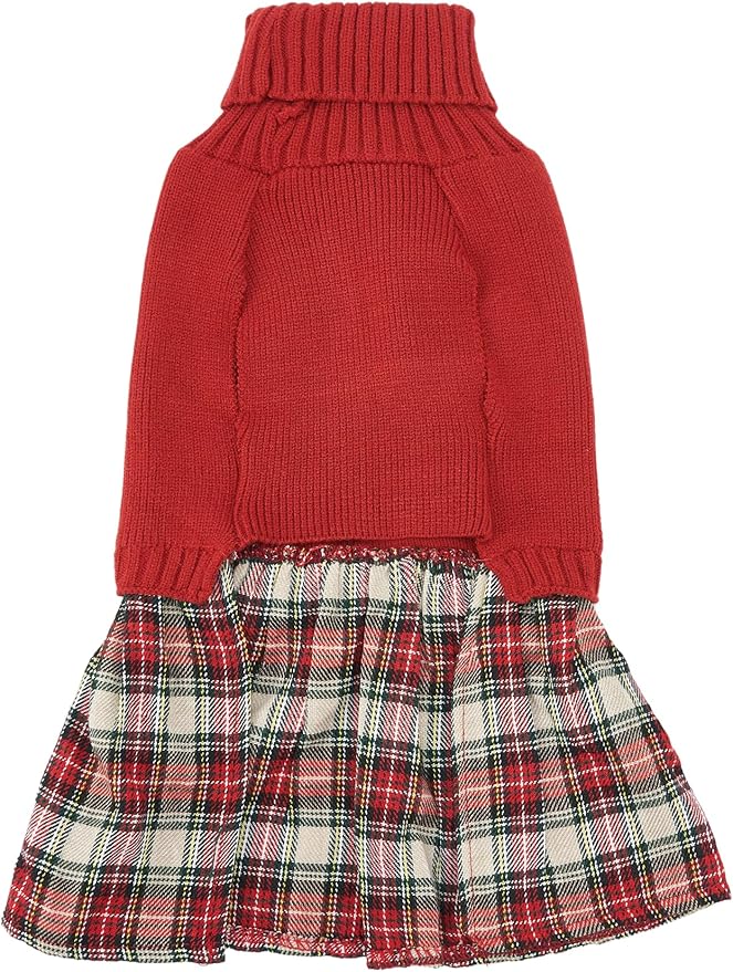 Lanyarco Burgundy Red Knitted Dog Sweater Dress, Plaid Dog Winter Clothes for Small Dogs Girl, Chihuahua Christmas Sweater, Maltese Cat Apparel, Red, X-Small (XS)