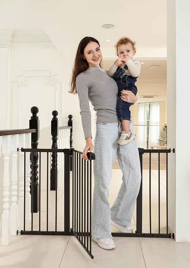 29"-57" Baby and Pet Safety Gate, 30" Tall Metal Walk-Thru Gate for Doorways & Stairs, Easy One-Hand Open, Dual Lock, Extensions & Wall Mounts Included (Brown, 29"-54" W x 30.5“H)