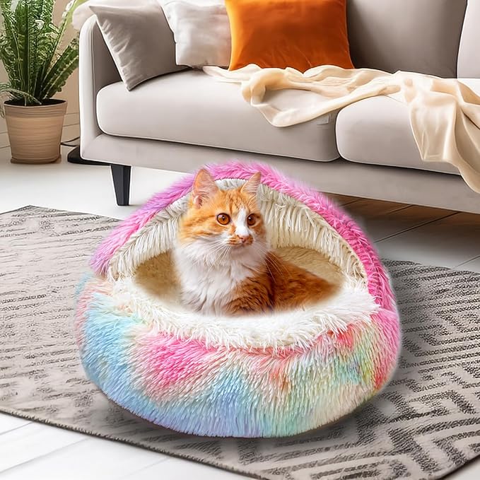 Calming Dog Beds & Cat Cave Bed with Hooded Cover,Washable Round Beds for Small Medium Pets,Anti-Slip Faux Fur Fluffy Coved Bed,Comfortable Warming Pet Bed(20 * 20inch,Dazzle)