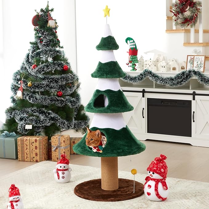 62" Christmas Tree Cat Tower for Indoor Cats, Multi-Level Wooden Cat Tree with Scratching Posts, Sisal Cat Scratcher & Cozy Cat Beds,Green