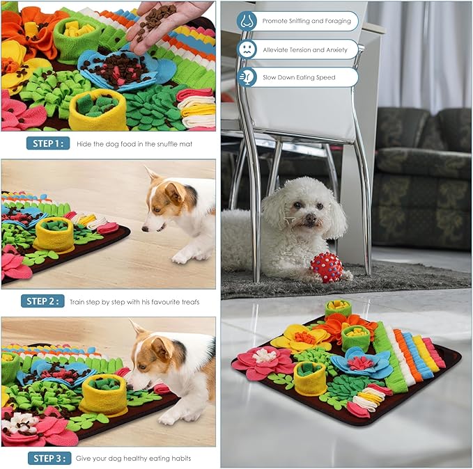 Snuffle Mat for Dogs Cats Rabbits, Pet Treats Feeding Mat, 15.4 x 15.4 inch for Small & Medium, Felt Wool Dog Sniff Mats for Slow Feed, Rabbit Foraging Mats, Relieve Anxiety, with Anti-Slip Bottom
