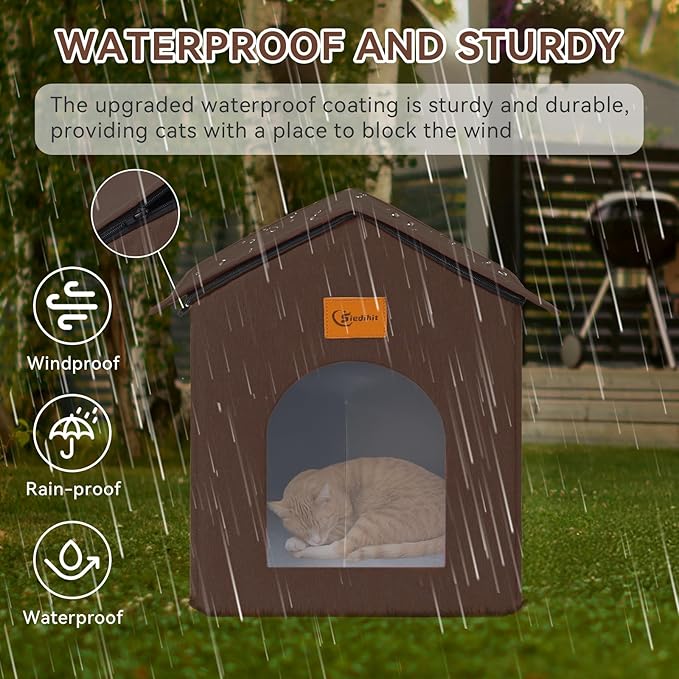 Outdoor Cat House for Shelter Feral Cat, Outside Waterproof Cat House for Outdoor/Indoor Cats, Insulated Cat Bed for All Seasons with Cozy Cushion (Brown, Zip Style)