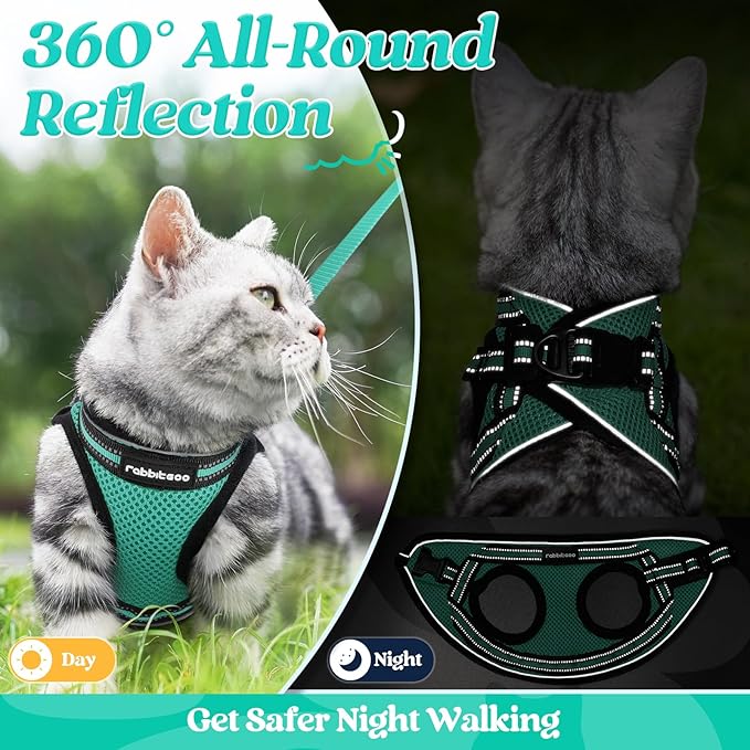 rabbitgoo Cat Harness and Leash Set for Walking Escape Proof, Adjustable Soft Kittens Vest with Reflective Strip for Cats, Comfortable Outdoor Vest, Green, XL