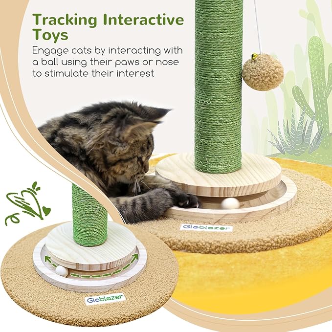 SC30 Tall Scratching Post for Cats, 30in Cactus Cat Scratching Post Cat Scratcher Cute Sisal Large Cat Scratching Post with Modern Wooden Ball Tracking Interactive Toys
