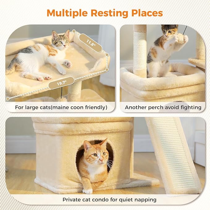 PEQULTI Small Cat Tree Tower for Large Adult Cats with Wide Top Perch, Private Cat Condo and Sisal Scratching Post&Pad for Indoor Cats, Beige