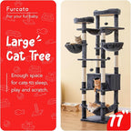 77-Inch Tall Cat Tree for Indoor Cats, Multi-Level Large Cat Tower with 4 Hammocks, 2 Padded Perches, Cat Condo, Sisal Scratching Posts and Hanging Toys for Large Adult Cat, Smoky Grey