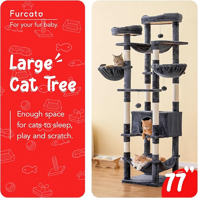 77-Inch Tall Cat Tree for Indoor Cats, Multi-Level Large Cat Tower with 4 Hammocks, 2 Padded Perches, Cat Condo, Sisal Scratching Posts and Hanging Toys for Large Adult Cat, Smoky Grey