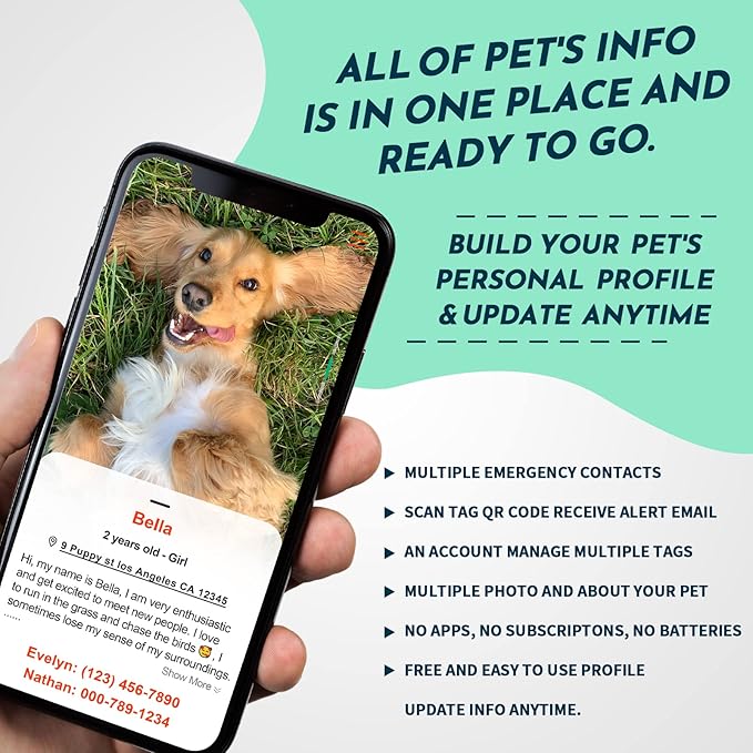 MYLUCKYTAG QR Code Silicone Dog ID Tag - Online Pet Profile, Location Alert Email, Quiet, Durable - Engraved Pet Tag for Dogs and Cats