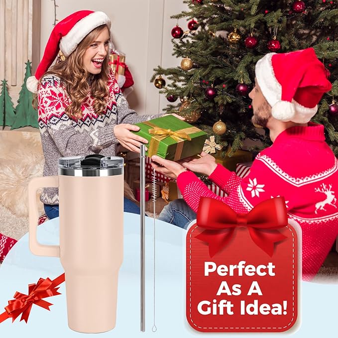 40 oz Tumbler with Handle and Straw Lid Insulated Cup Stainless Steel Water Bottle Travel Mug Gifts for Women Men Kids Trek Collection Thermoses Apricot