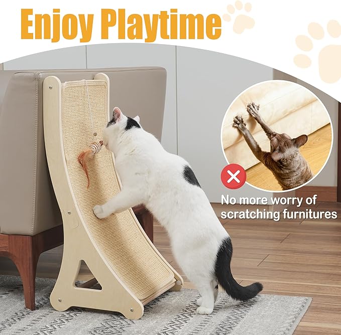 Curved Cat Scratcher, L-Shaped Sisal Cat Scratching Pad for Indoor Cats, 25.6" Cat Furniture Protector with Interactive Mouse Toy, Durable Scratch Board