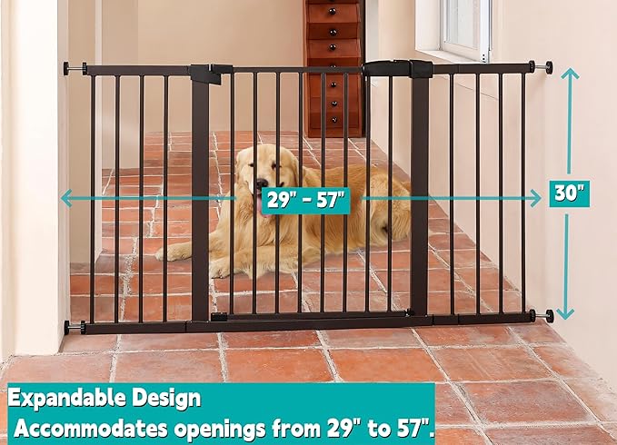 29"-57" Baby and Pet Safety Gate, 30" Tall Metal Walk-Thru Gate for Doorways & Stairs, Easy One-Hand Open, Dual Lock, Extensions & Wall Mounts Included (Brown, 29"-57" W x 30.5“H)