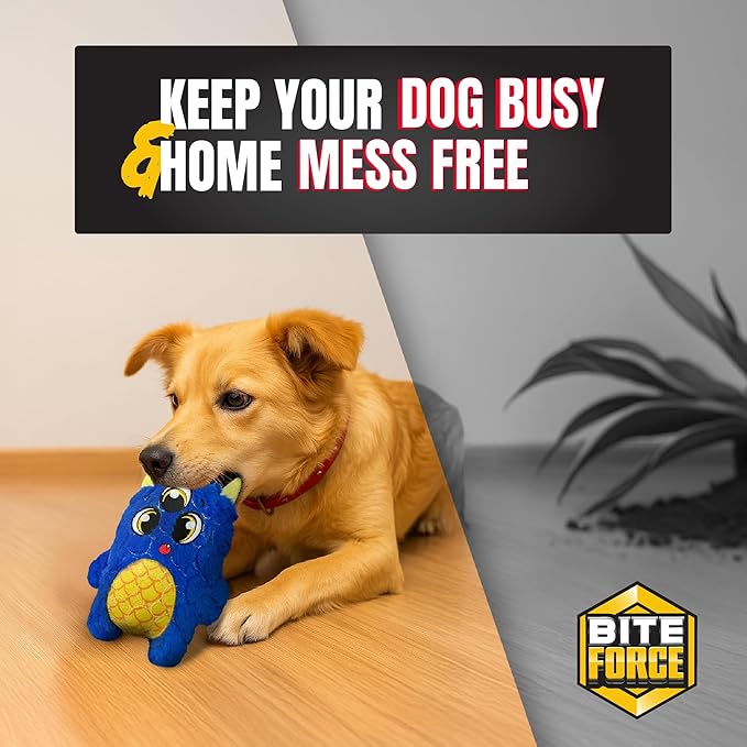 Bite Force - Durable & Strong Dog Toy Blue Furocious Frank Monster with Squeaker, Kevlar-Reinforced Seams for Aggressive chewers.
