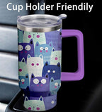 40oz Cute Cat Tumbler with Handle and Straw, Stainless Steel Insulated Cup with Lid, Travel Coffee Mug Water Bottle, Birthday Mothers Day Gifts for Women Men Animal Lovers