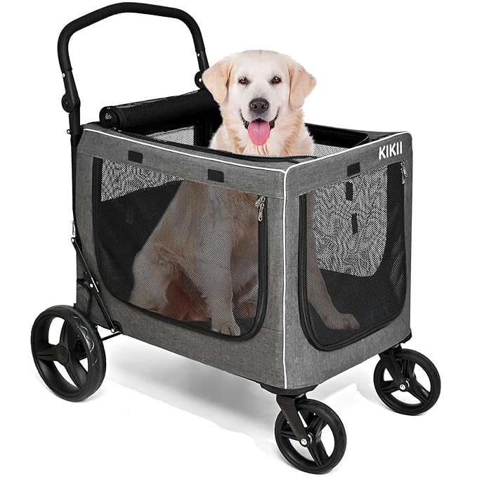 KIKII Extra Large Dog Stroller for Large & Medium Dogs, Adjustable Handlebar and Brakes, 4 Wheels, Reflective, Lightweight Folding, Breathable Mesh, 132 lbs Capacity, for Travel Walking Outdoor