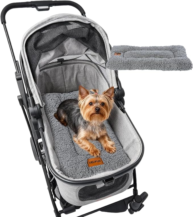 DELIFUR Warm Pet Stroller Pad - Non-Slip Kitten Puppy Bed Mat Soft Plush Winter Liner with Silicone Grips for Crate & Hard Floors Machine Washable Grey