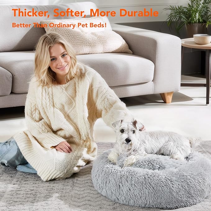 Deconovo Calming Donut Dog Bed, Washable Plush Round Pet Bed for Small Dogs & Cats with Raised Rim, Non-Slip Base and Soft Faux Fur—Lightweight, Easy-Care Design Light Grey 37" L x 37" W x 8" Th