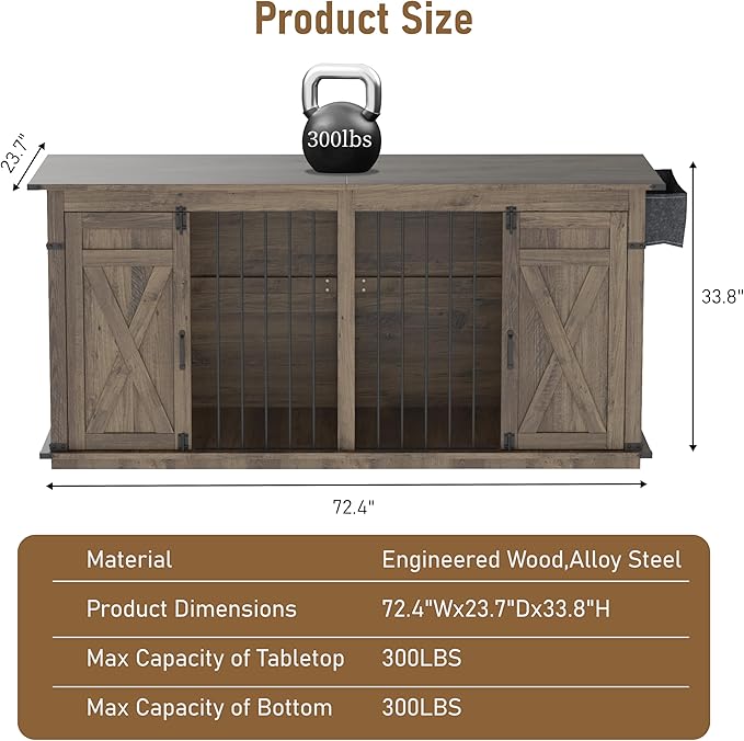 Large Dog Crate Furniture for 2 Dogs, Extra-Large Indoor Dog House with Partition, Heavy-Duty Sturdy Dog Kennel for Large Dogs, 1 Storage Bag, Farmhouse Style Cage