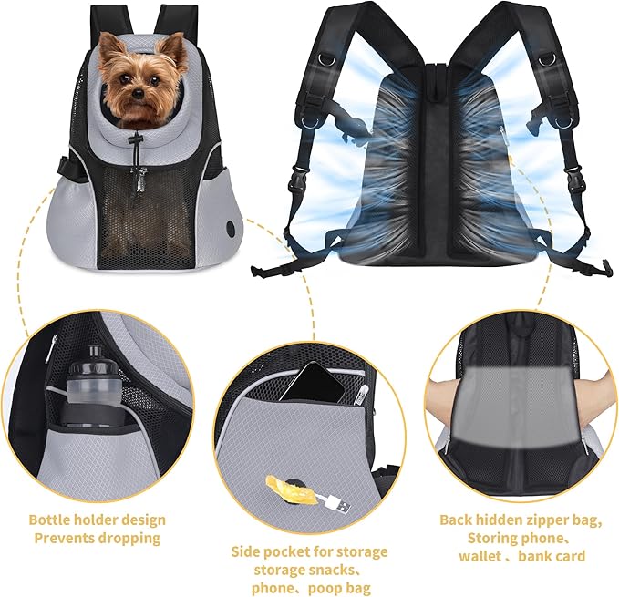 WOYYHO Pet Dog Carrier Backpack Small Dog Front Backpack Ventilated Mesh Dog Travel Back Pack with Safety Belt for Travel Hiking Cycling Outdoor Adventures (Size S: 2-4.5 lbs, Grey)
