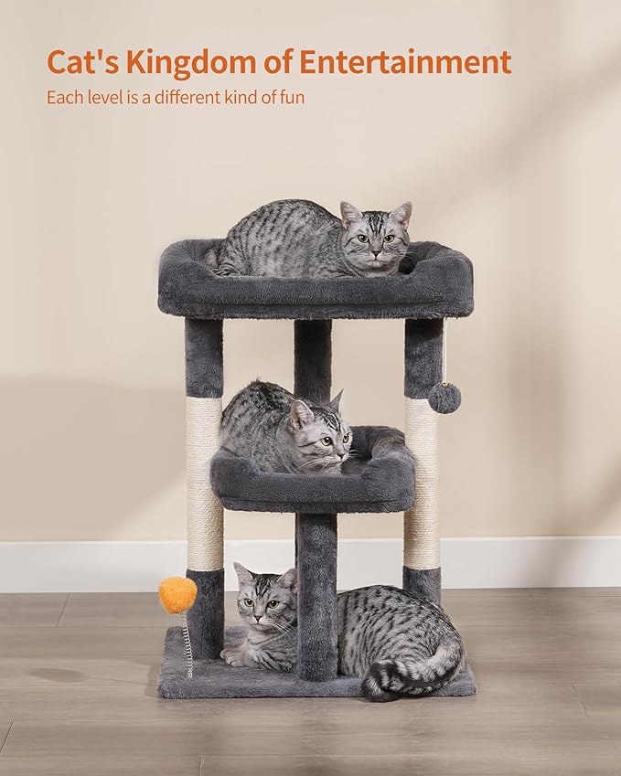 FourFurPets 27.6-Inch Cat Tree, Cat Tower for Indoor Cats, Cat Condo for Large Cats, Small Cat Tree with Scratching Post, Toy Balls, for Kittens, 2 Soft Platform, Dark Gray