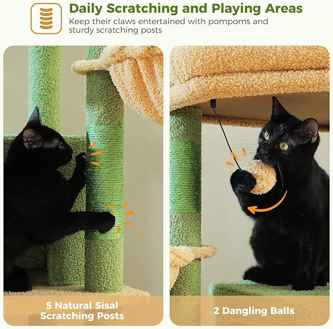 Tall Cactus Cat Tree for Indoor Cats Large Adult, 71.2" Multi-Level Cat Tower with 2 Spacious Condos, 3 Hammocks, Super Large Top Perch, 2 Pompoms, Green