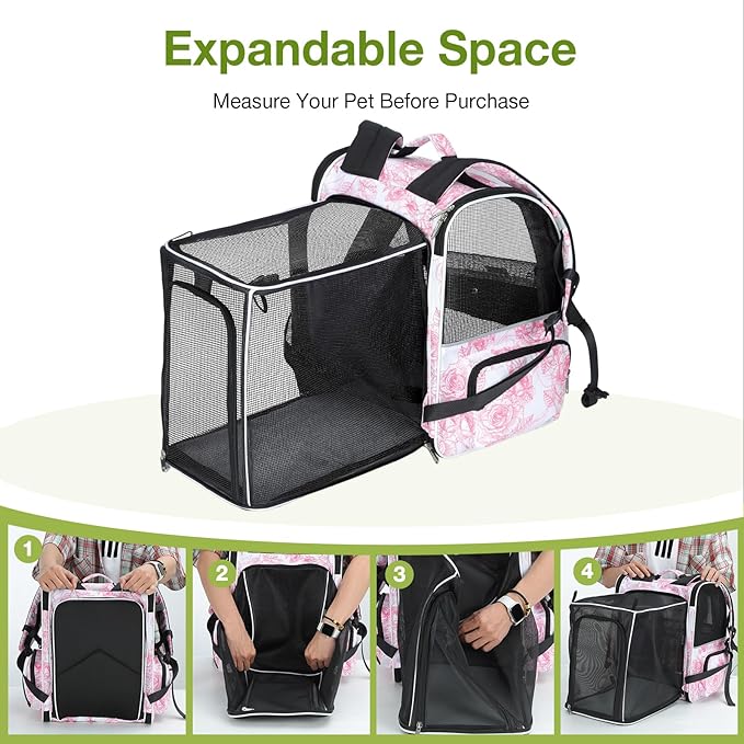 Lekebobor Large Cat Backpack Carrier Expandable Pet Carrier Backpack for Small Dogs Medium Cats Fit Up to 18 Lbs,Dogs Foldable Puppy Backpack Carrier for Travel, Hiking,Pink Flowers Pattern