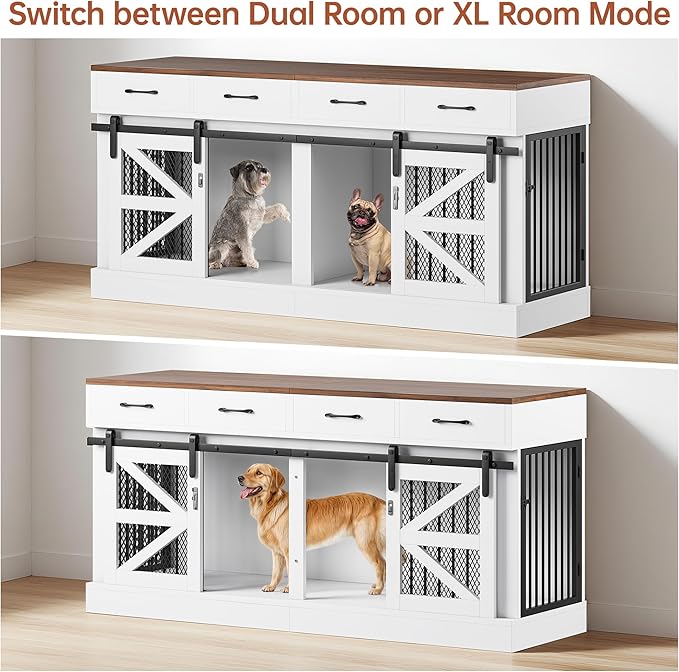 71" Large Dog Crate for 1 or 2 Dogs, Indoor Wooden Dog Cage with Removable Divider & 4 Storage Drawers - Heavy Duty Dog Kennel Furniture, Multi-Functional Pet Crates for Large/Medium Dogs,TV Stand