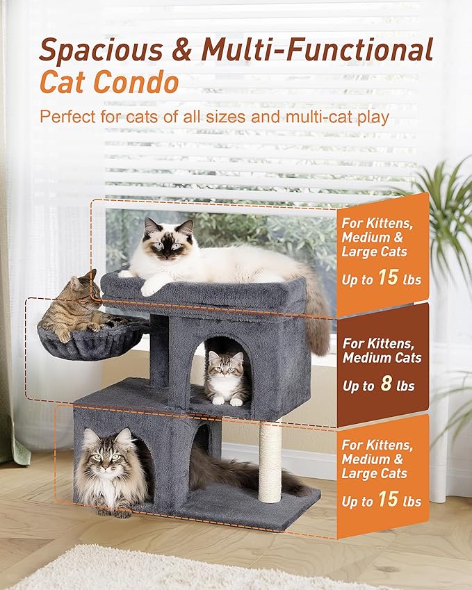 Cat Tree with Soft Top Perch, 21.6in Cat Tower with Hammock and Dual Condos, All-in-one Cat Activity Center, Dark Gray