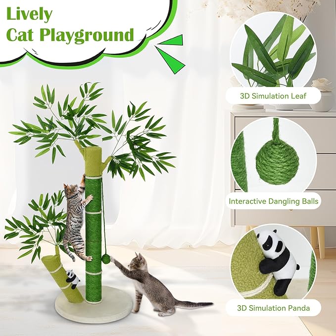 Cat Scratching Post for Large Cats and Kitten, 33 Inch Tall Nature Sisal Cat Scratchers for Indoor Cats with DanglingToy Ball and Cute 3D Panda Adult Cat Tree with Bamboo Shape for All Cats