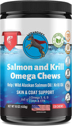 Wild Alaskan Salmon Krill Oil Chews for Dogs - 120 Soft Treats - Omega 3 6 9 Fish Supplement EPA, DHA for Itch-Free Skin Coat Joints - Allergy Relief - Reduce Hair Shedding - Made in USA