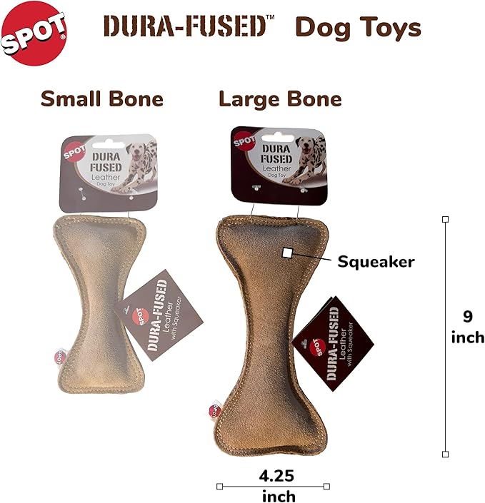 SPOT Dura-Fused Leather Bone- Durable Dog Toy with Squeaker, Real Leather & Jute Fabric, Interactive Toy for Moderate & Aggressive Chewers, Medium & Large Dogs and Puppies, 9 inch