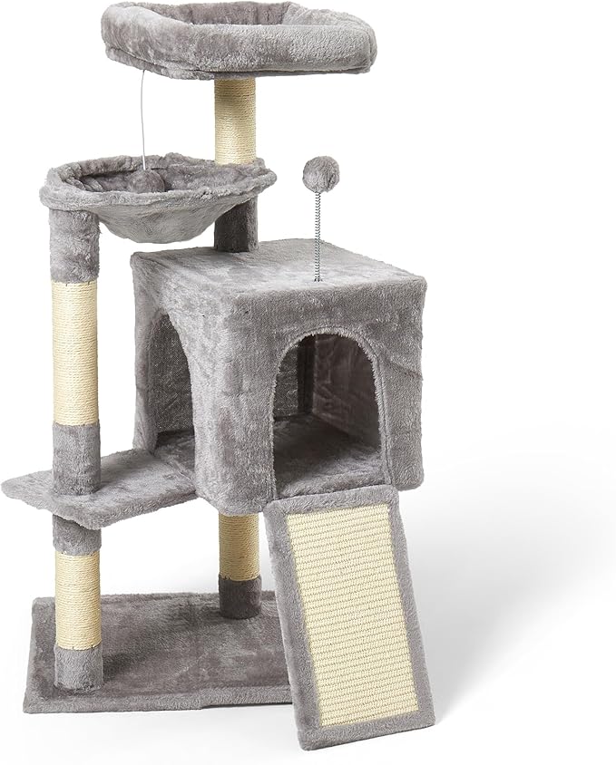 37-inch Cat Tree Tower with Multi-Level Cat Condo, Scratching Posts,2-Door Cat Cave,Light Grey