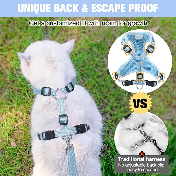 BEAUTYZOO Cat Harness, Escape Proof Cat Leash and Harness Set for Walking, Soft Breathable Vest Harness with Neck Adjustable, Reflective Easy-Control Kitten Harness for Cats,Shark-Blue S