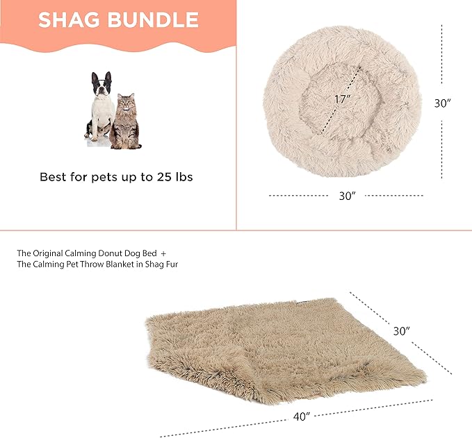 Best Friends by Sheri Bundle Set The Original Calming Shag Donut Cuddler Cat and Dog Bed + Pet Throw Blanket Taupe Small 23" x 23"